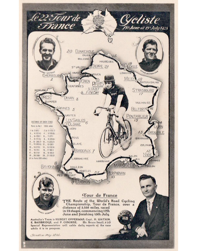 postcard with map of the 1928 Tour de France