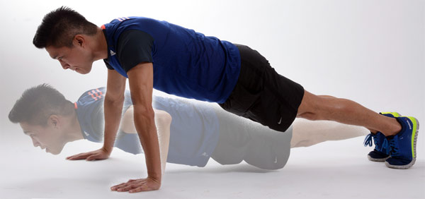 Pictures of dynamic push-up exercise; lowered (A and B) and raised